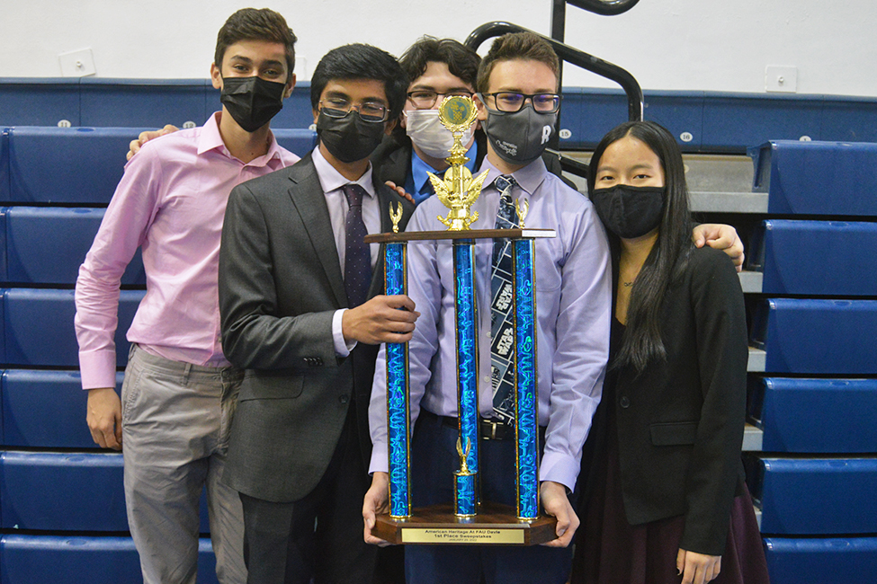 First place sweepstakes winners, the biggest first place award of the event. These mathletes  are all seniors at American Heritage High School Broward. From left to right: Nicolas Fernandez-Baigun, Saathvik Selvan, Corbin Diaz, Jake Buchsbaum, and Christina Zhang.