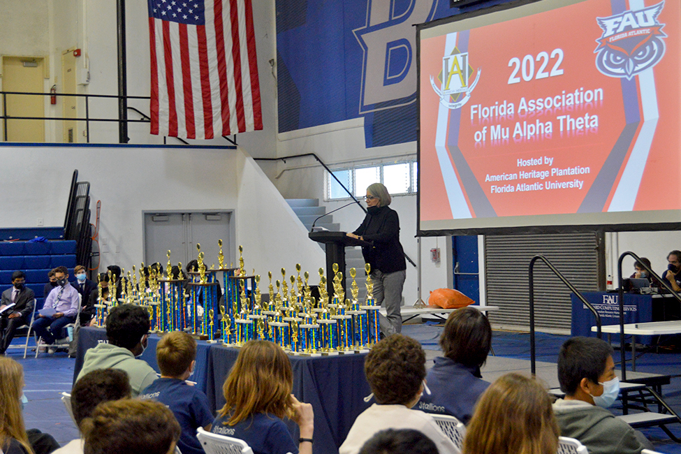 Dr. Teresa Wilcox, Interim Dean of the Charles E. Schmidt College of Science, welcomes and addresses over 700 middle and high school students during Saturday’s Mu Alpha Theta mathematics competition Awards ceremony at FAU Davie.