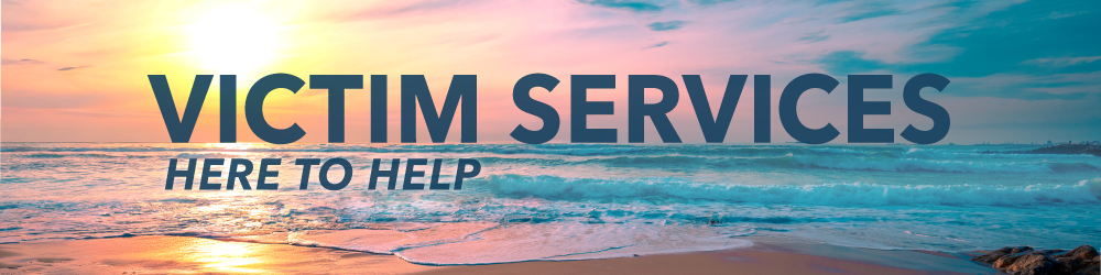 Victim services banner graphic with a beach sunset scene