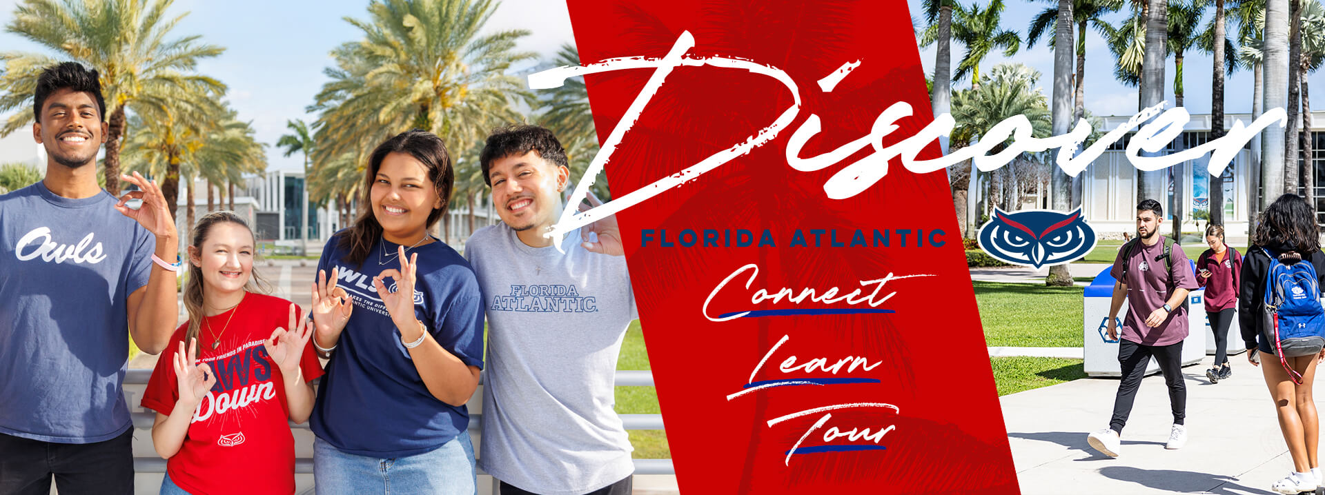 Diverse group of students in front of the Schmidt buiding, with text that says, discover, connect, learn, tour 