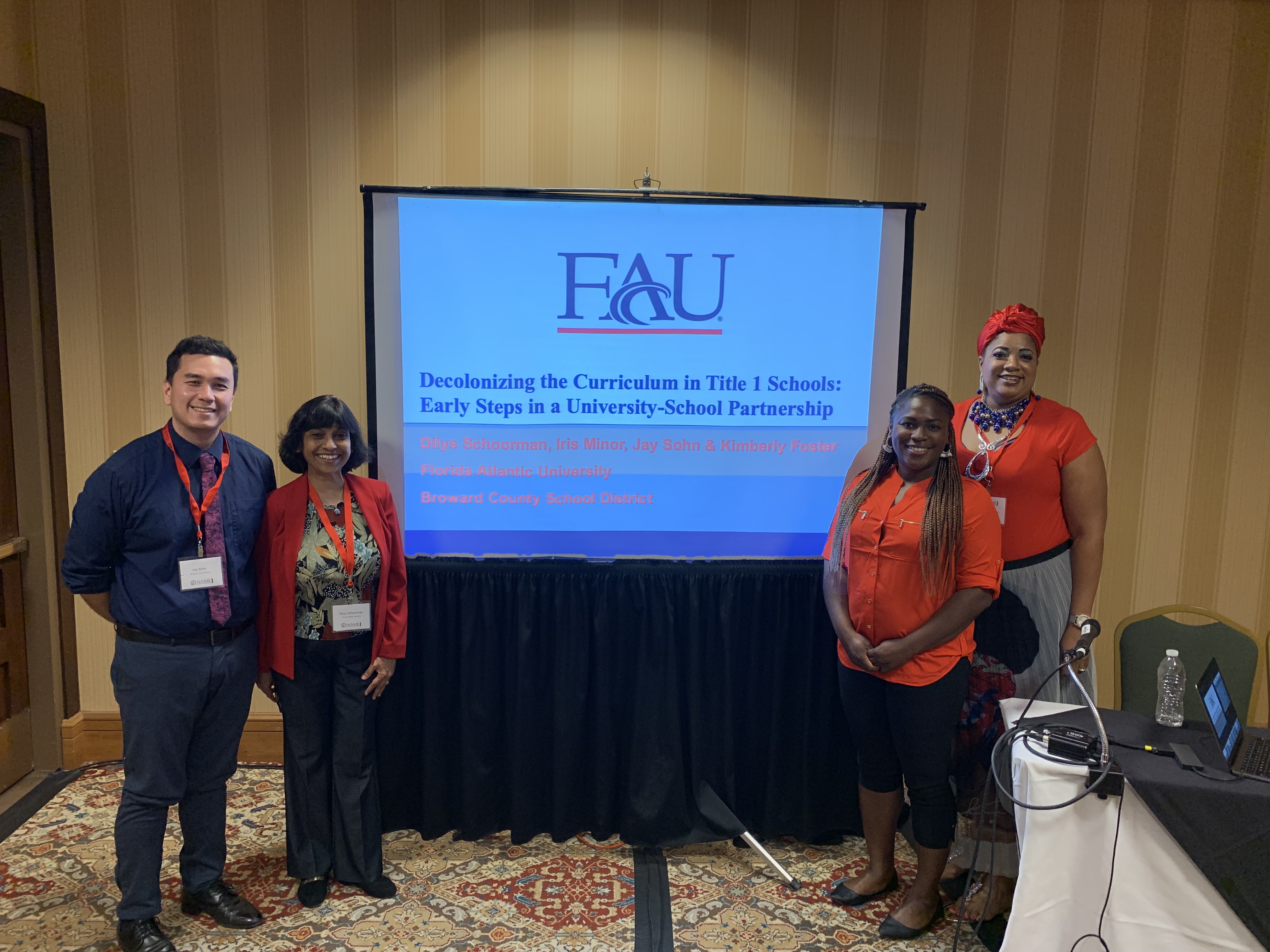 Presentation at the NAME conference in November 2019. L-R: Jay Sohn, Dilys Schoorman, Iris Minor, and Kimberly Foster.