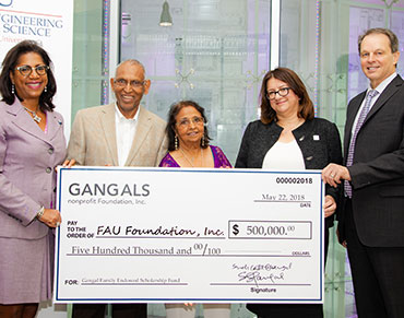 L-R: Danita Nias, vice president for institutional advancement and CEO of the FAU Foundation; Shiva Gangal; Sneh Lata Gangal; Stella N. Batalama, Ph.D., dean of FAU’s College of Engineering and Computer Science; and FAU President John Kelly. (Photo by Alex Dolce)