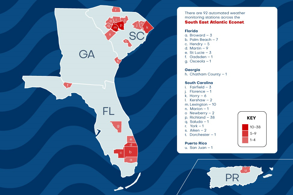 Researchers have installed 92 automated weather monitoring stations in seven counties in Florida, including Broward, Palm Beach and Martin counties; one county in Georgia; 12 counties in South Carolina; and in San Juan, Puerto Rico.