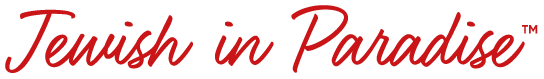 Red cursive font with words, Jewish in Paradise