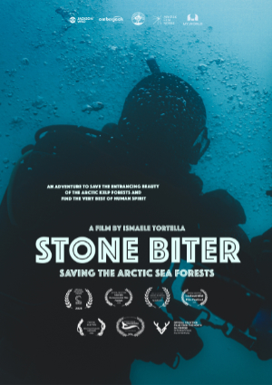 A poster for the film 'Stone Biter: Saving the Arctic Sea Forests' featuring a silhouette of a diver surrounded by rising air bubbles in deep blue water.