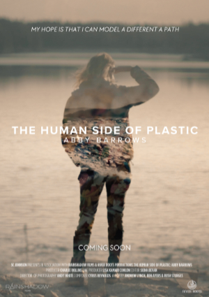 A poster for 'The Human Side of Plastic' featuring a double-exposure image of a person looking out over a calm, reflective body of water, with an overlay of a rocky and polluted shoreline.