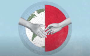 An artistic illustration of a globe viewed from above the South Pole, with one half showing a map of the Earth's continents and the other half a red surface. Two hands are reaching out toward each other across the dividing line.