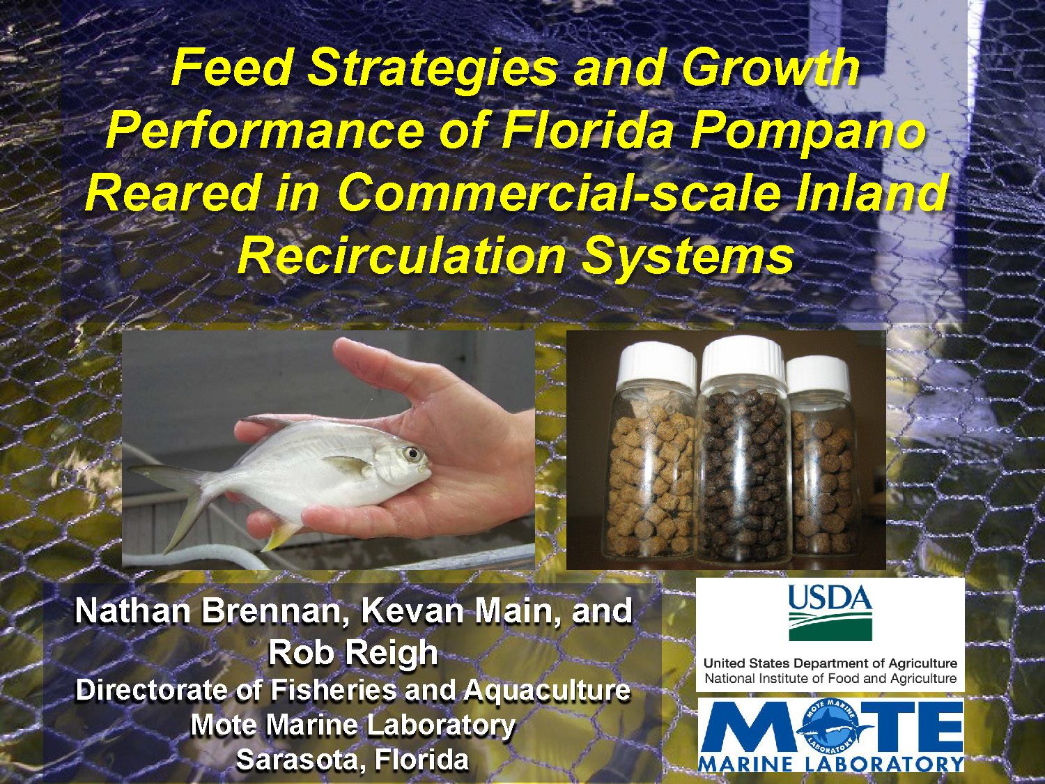 Slide 1: Title slide presenting Feed Strategies and Growth Performance of Florida Pompano Reared in Commercial-scale Inland Recirculation Systems