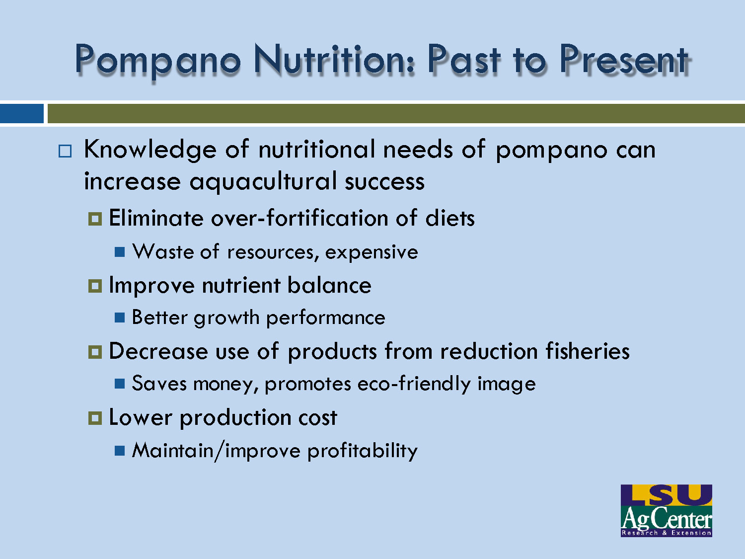 Slide 3: Benefits of understanding pompano nutritional needs for aquacultural success