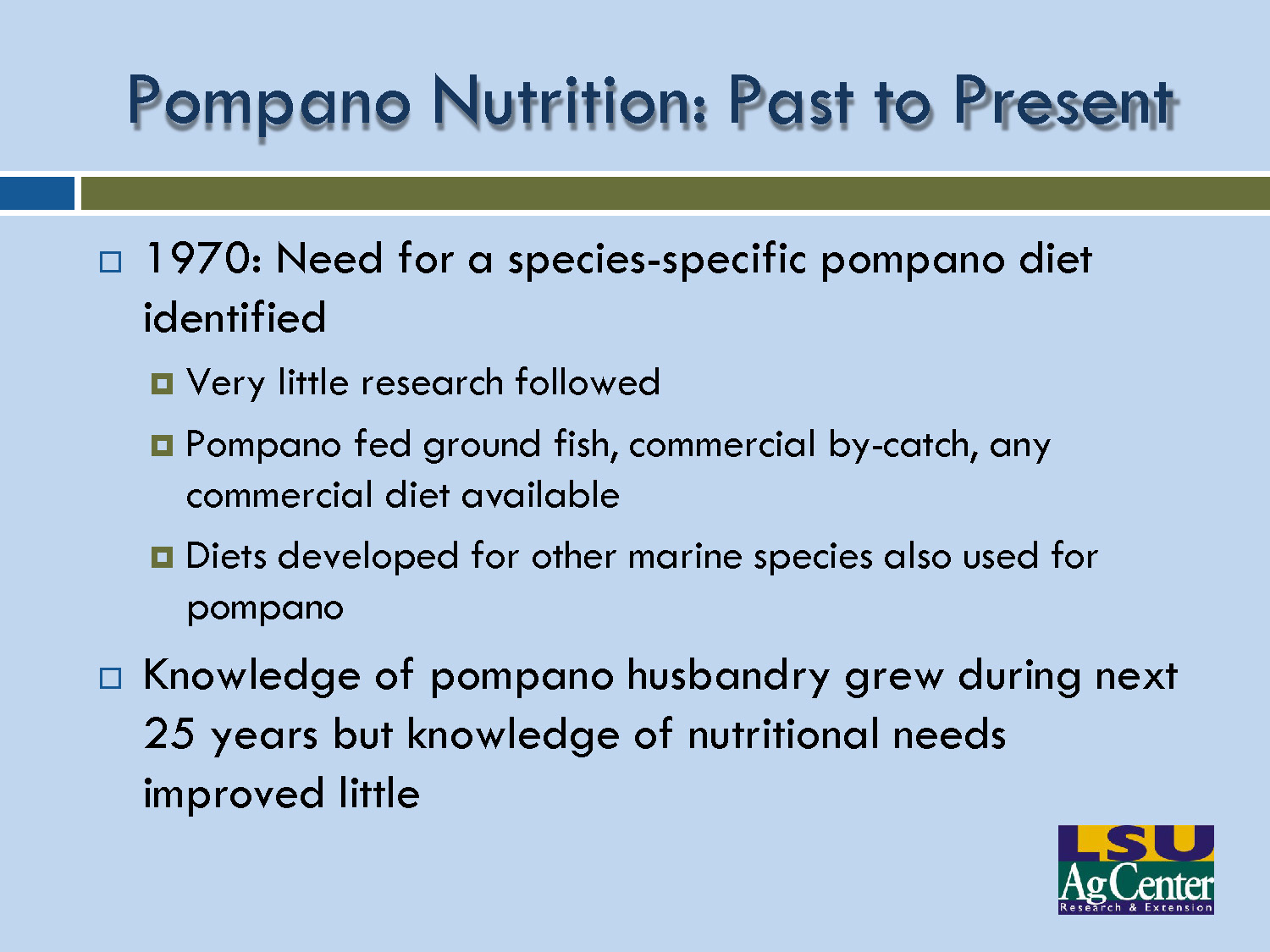 Slide 4: Historical timeline of pompano nutrition research from 1970 to 1990s