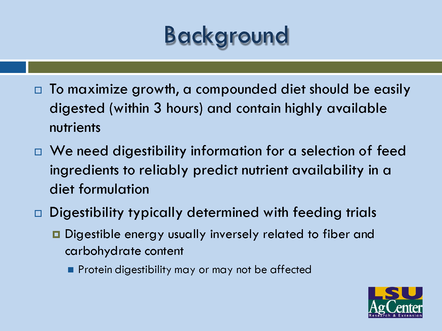 Slide 12: Requirements for optimal pompano diet formulation based on digestibility