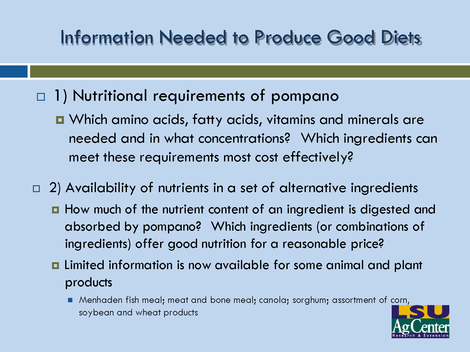 Slide 13: List of information needed to produce quality pompano diets