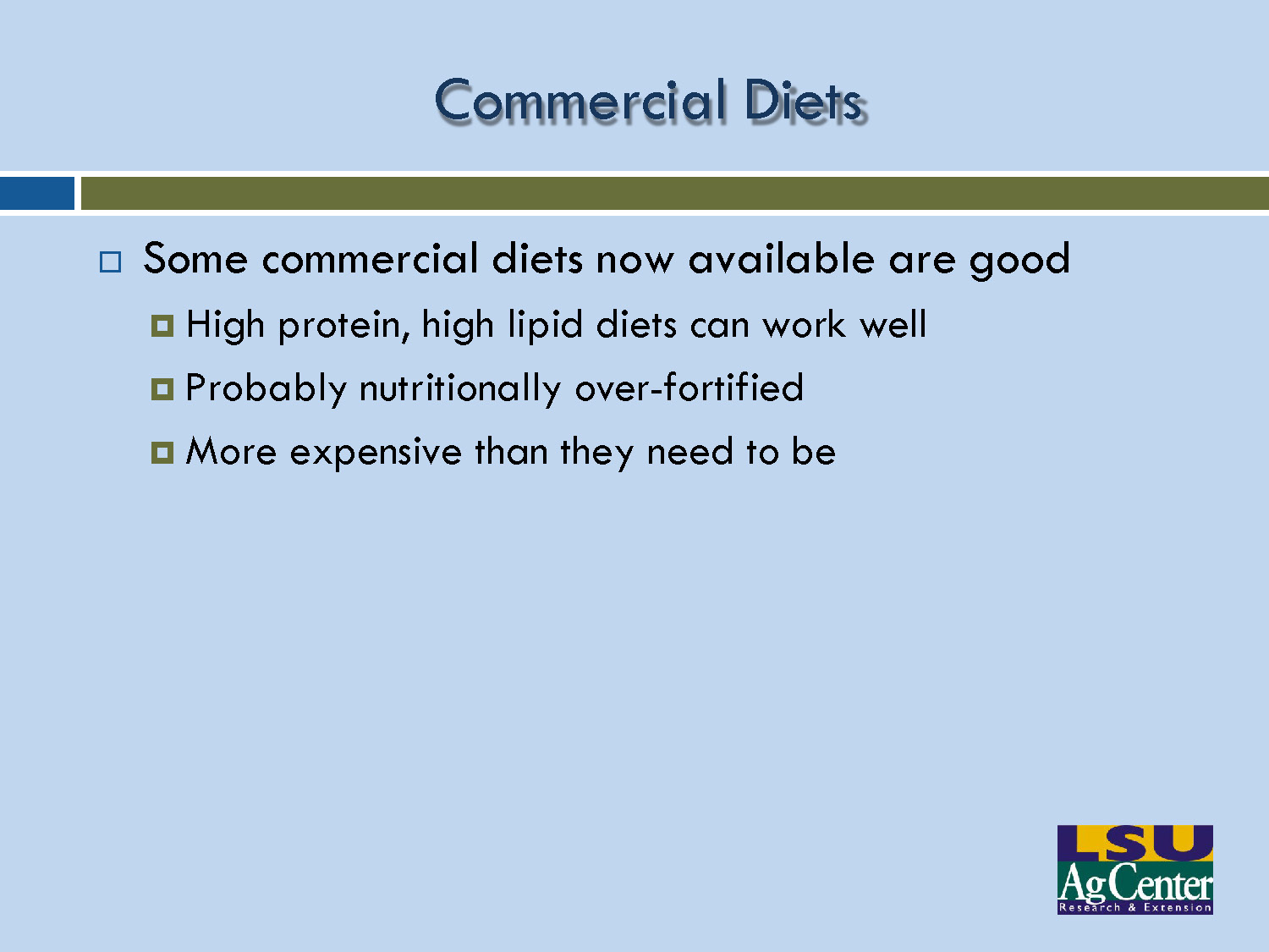 Slide 18: Information about commercial pompano diets and their characteristics
