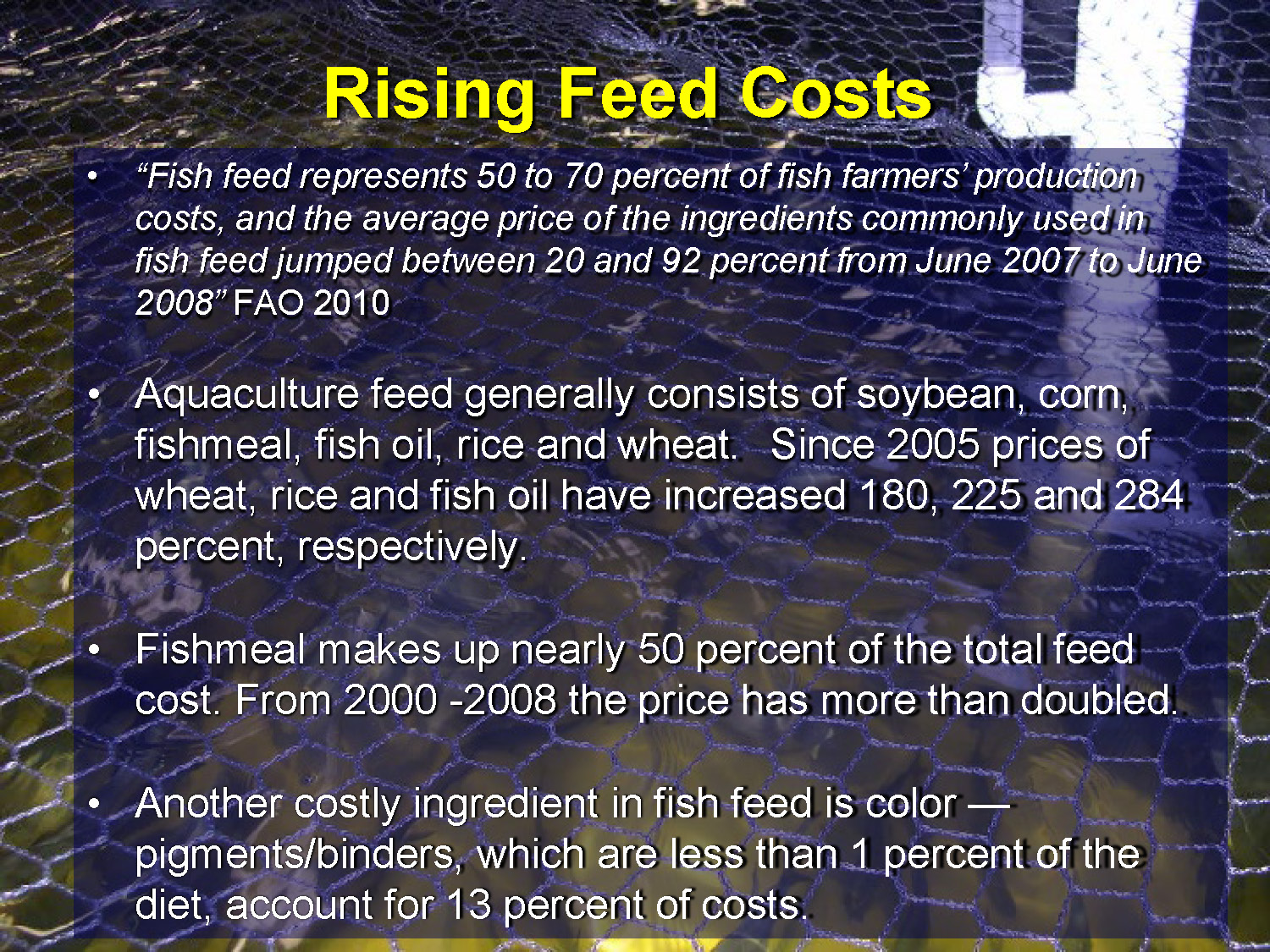 Slide 23: Information about rising feed costs in aquaculture from 2000 to 2010