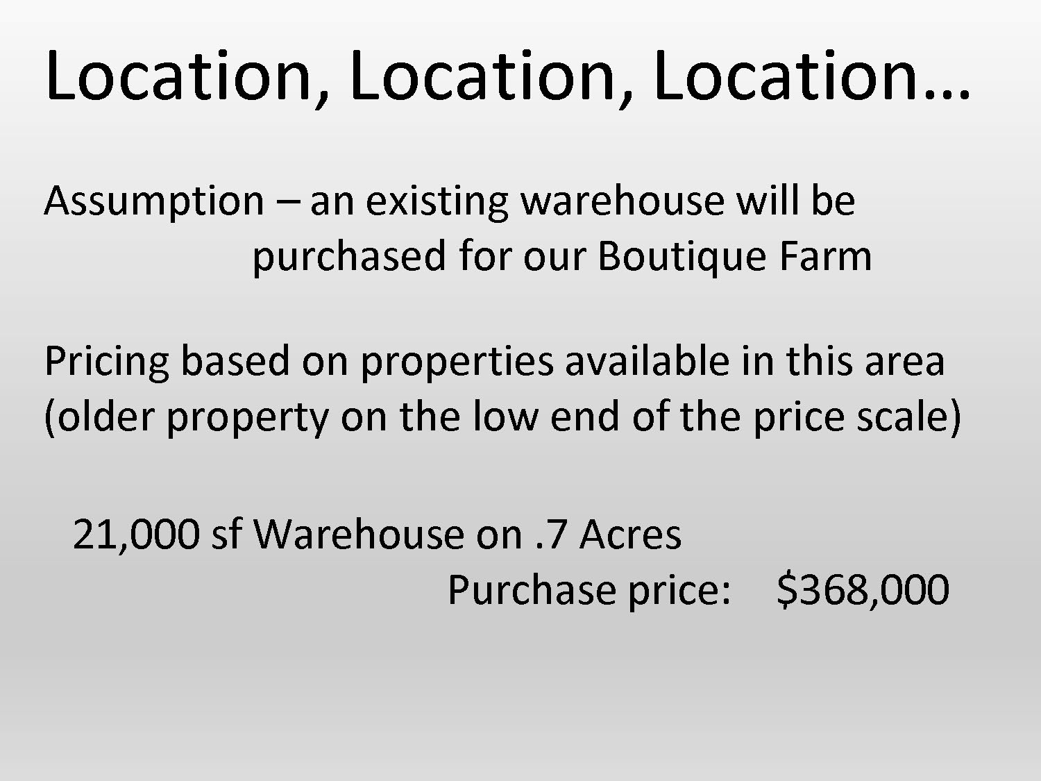 Information about warehouse property assumptions for the farm location