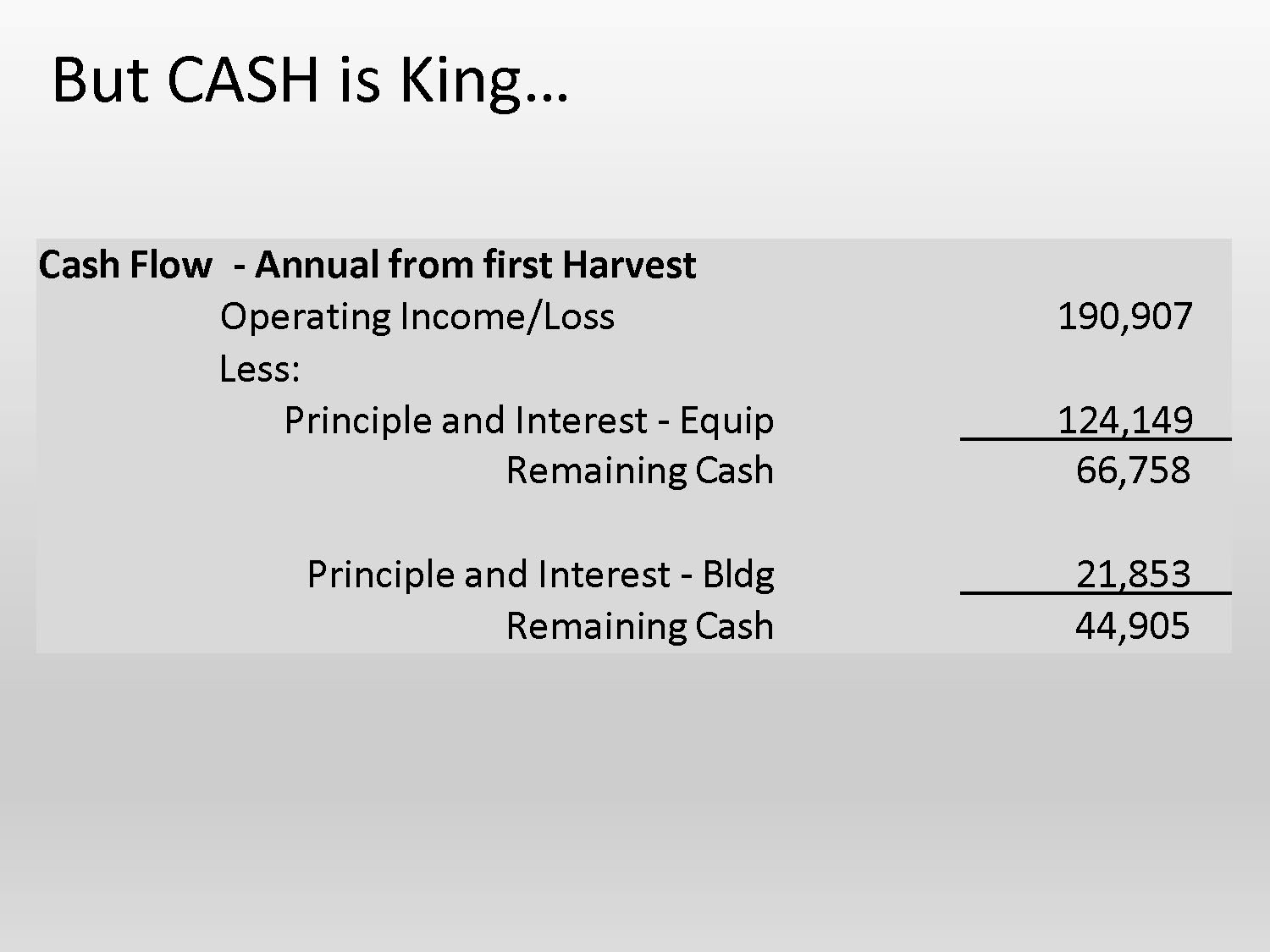 Table showing cash flow analysis from first harvest