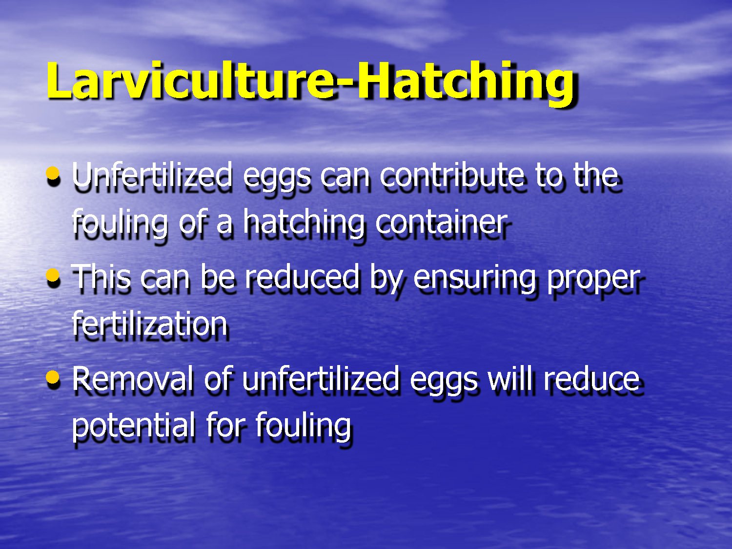 Slide 20: Larviculture hatching procedures and egg management
