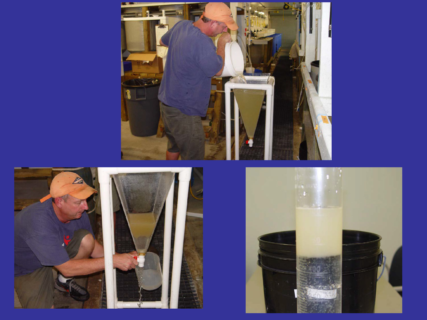 Slide 21: Three photos showing the quantification of fish eggs: a technician pouring water into a conical separator, draining non-viable eggs from the bottom valve, and a graduated cylinder used to measure the final egg volume.