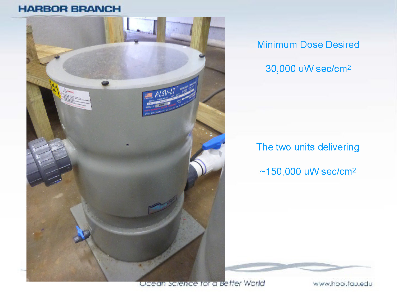 Slide 17: Photograph of UV sterilization units with dosage information