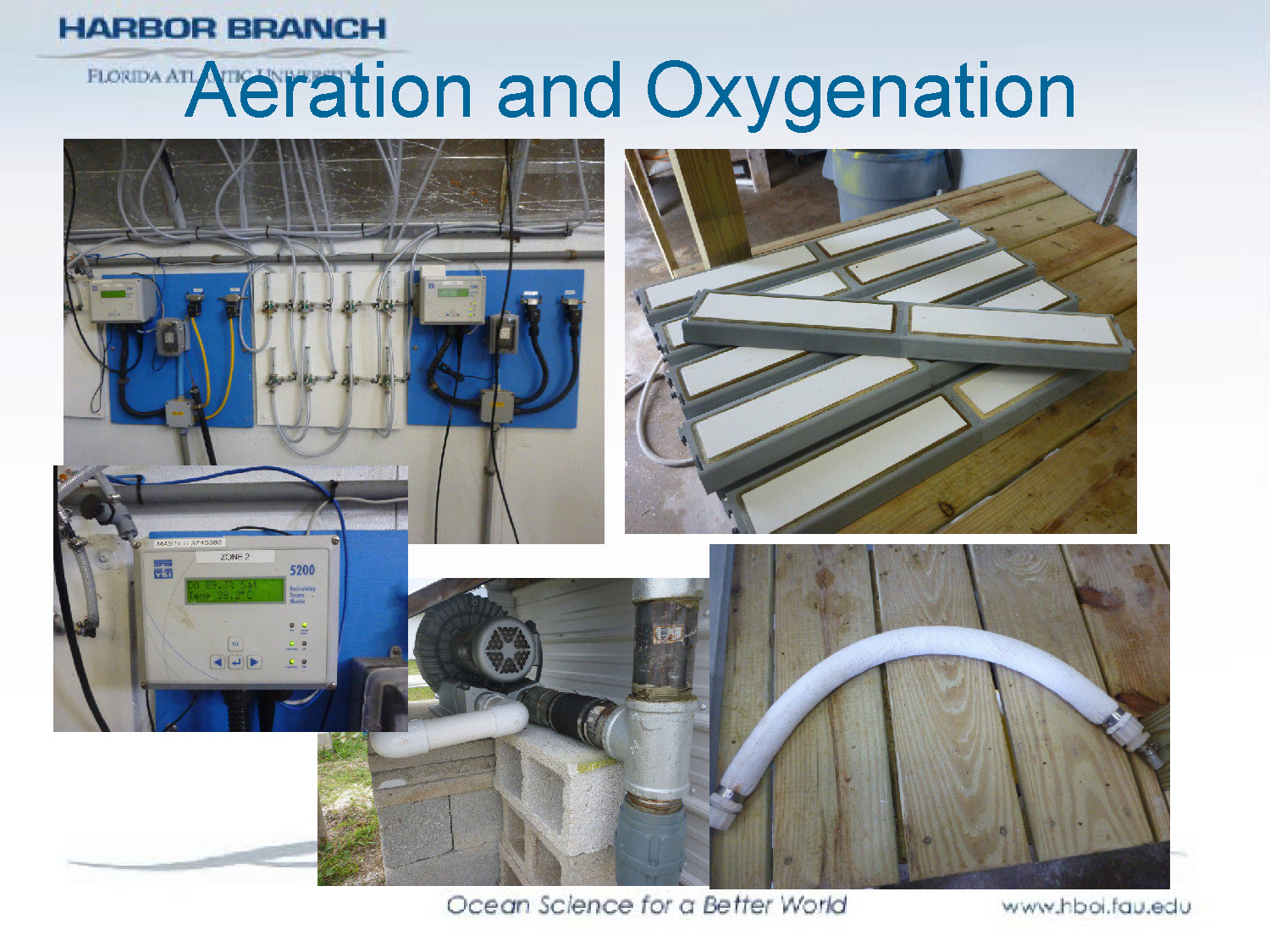 Collage of five images showing aeration and oxygenation equipment, including monitoring displays and air diffusers.