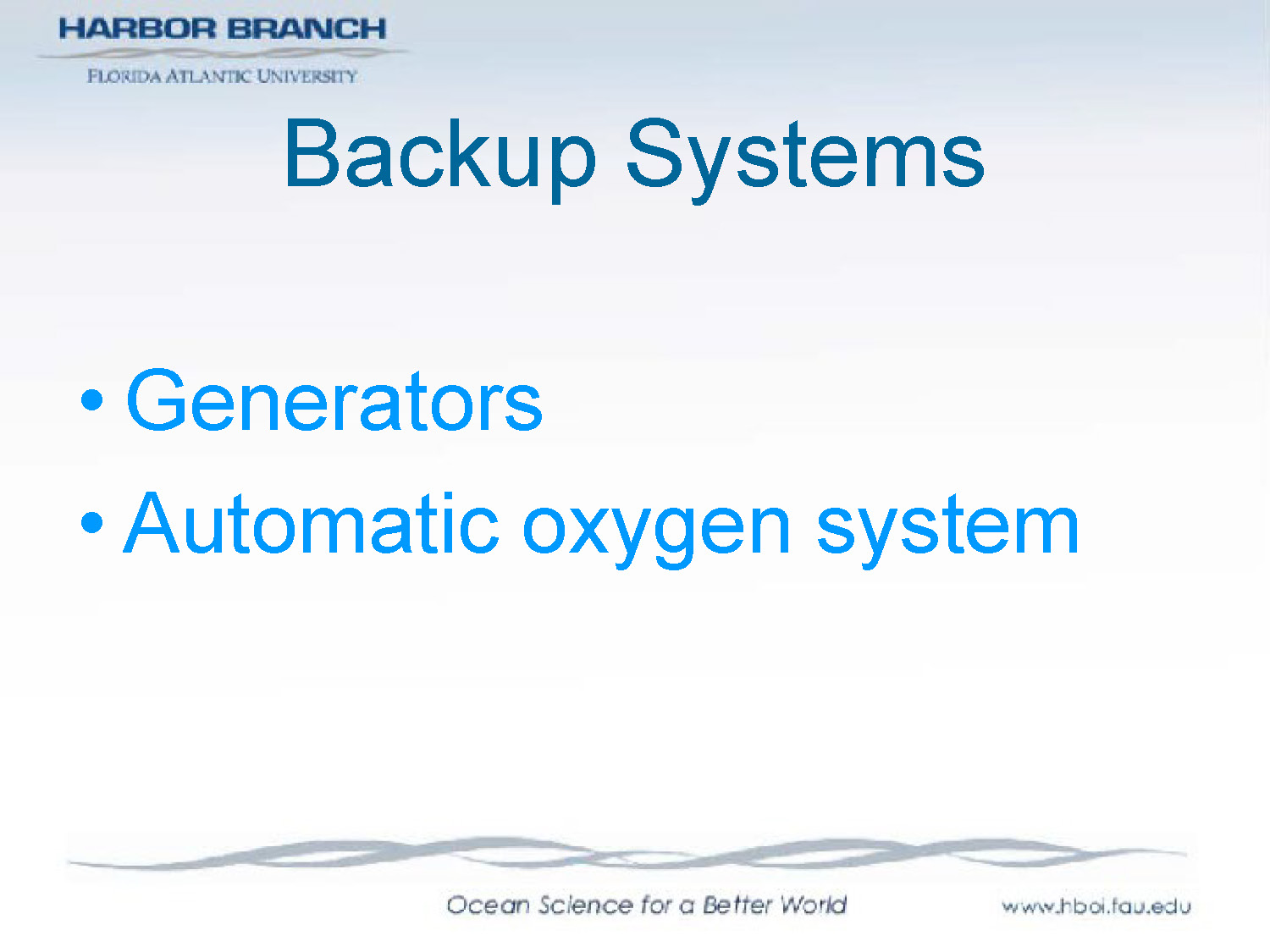 Slide 22: List of backup systems including generators and automatic oxygen
