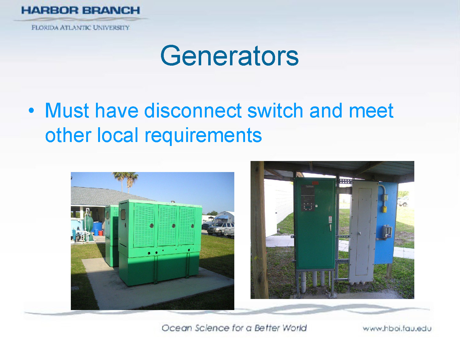 Slide 23: Photograph of generator with requirements information