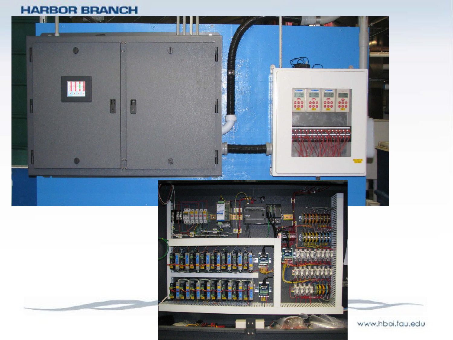 Close-up of industrial electrical control panels and internal circuit boards for the aquaculture system.