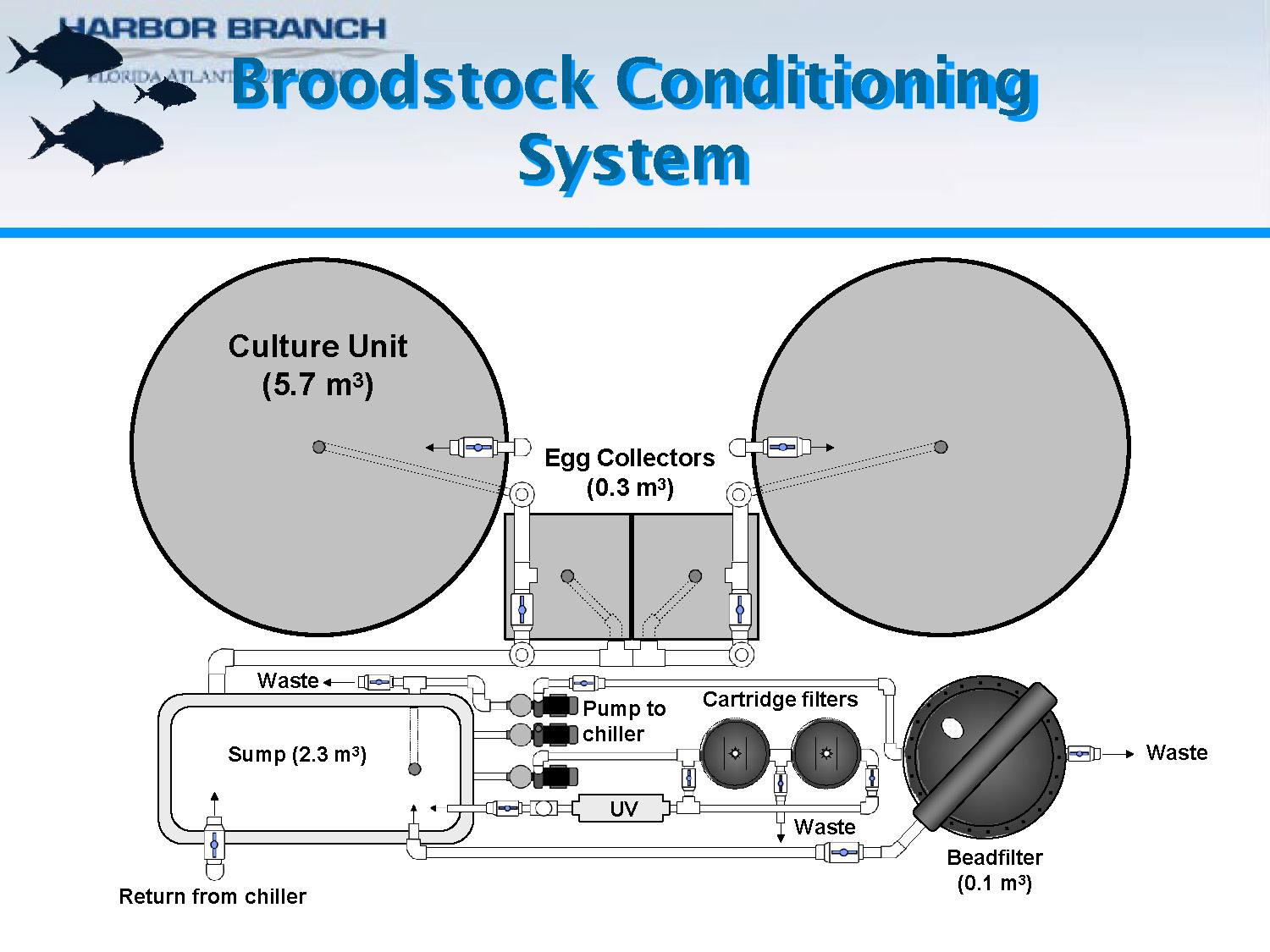 Slide 29: Diagram and photographs of broodstock conditioning system components