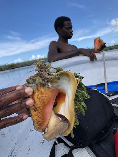 Fisher on boat with conch shell in foreground