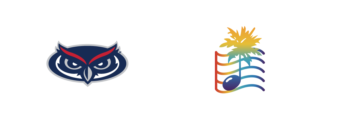 left, FAU red, white, blue owl head logo with words 'Florida Alantic'; on right, The Palm Beach Pops logo with white text and multicolored music bars and note with palm tree