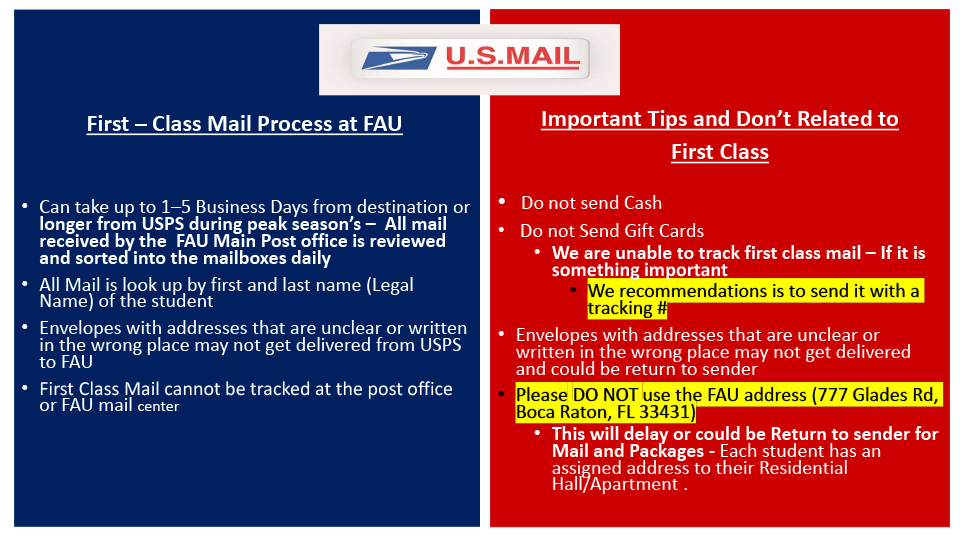 First-Class Mail Process at FAU and Important Tips