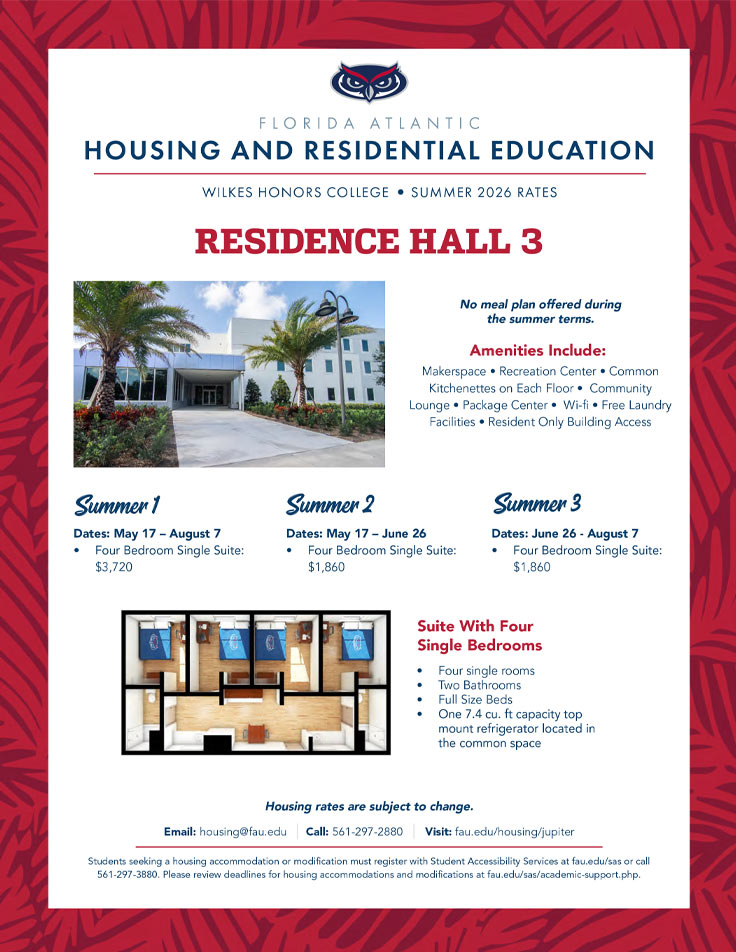 Summer Jupiter campus Housing Rates