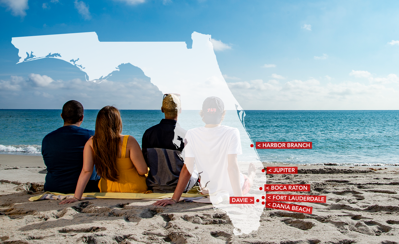 Three students sitting on a towel on the beach. A map of florida overlays the image that reads out the 6 campus locations with arrows pointing to their location on the map. A red box sits in the top right corner that says '6 campuses 1 FAU'