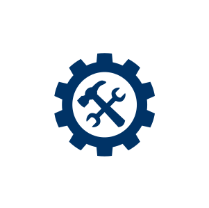 Icon showing a hammer and wrench inside of a gear symbol
