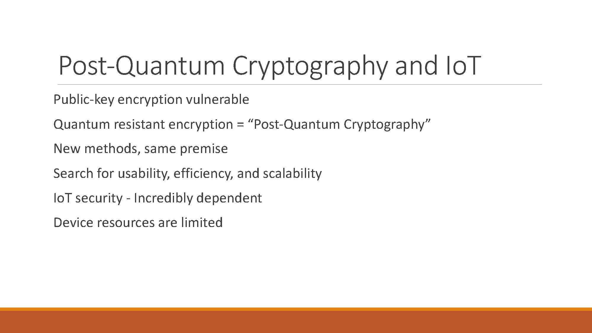 Slide 4: Post-Quantum Cryptography and IoT discussing quantum-resistant encryption and IoT security challenges