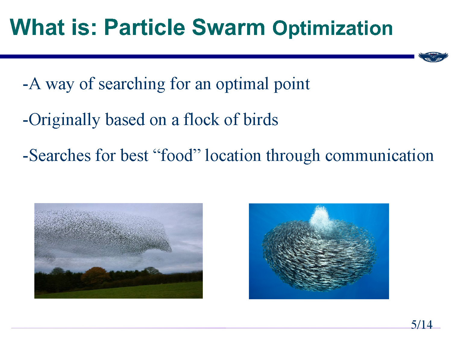 Slide 5: Introduction to Particle Swarm Optimization as a search method based on bird flocking behavior