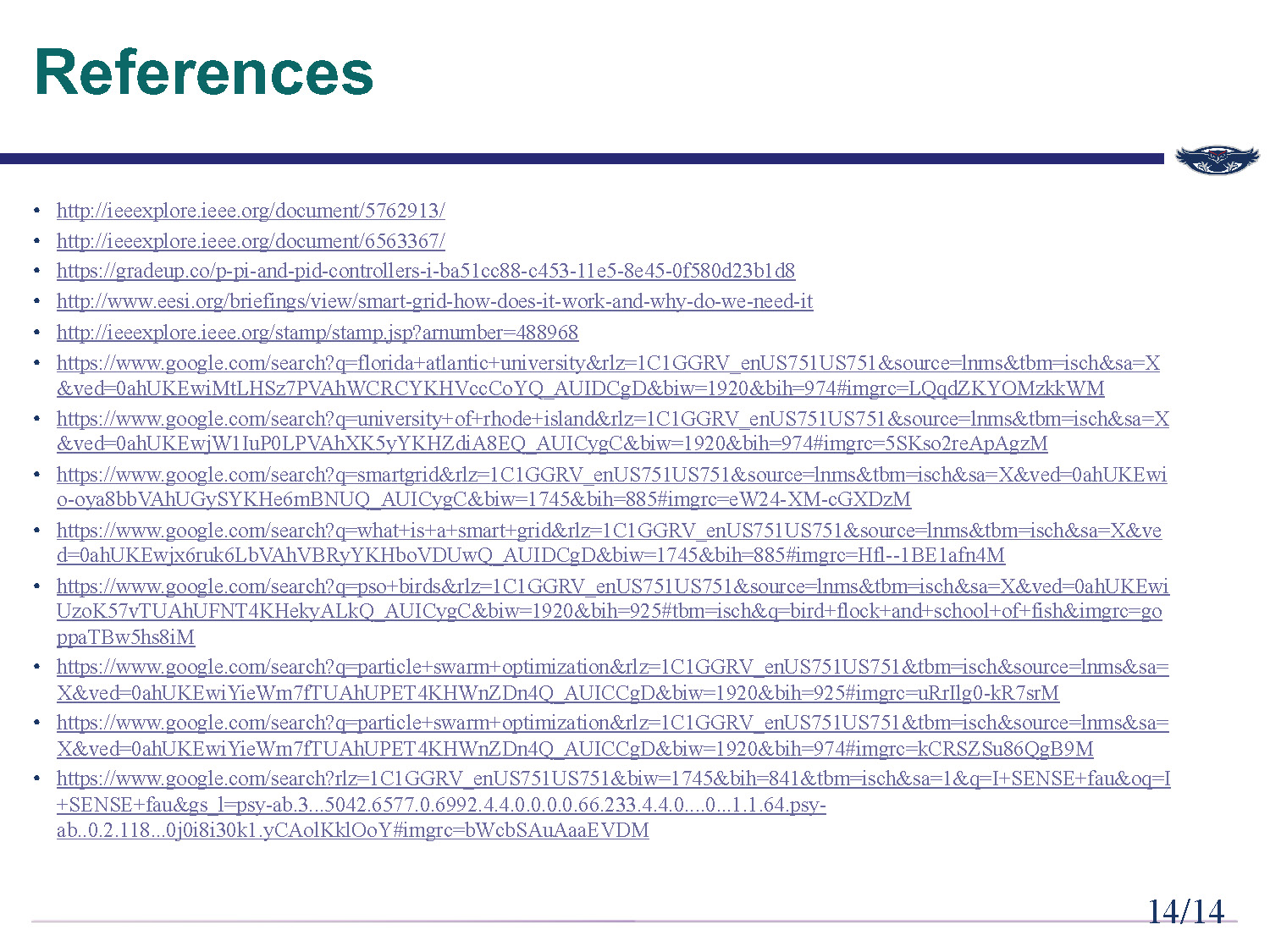 Slide 14: References slide with multiple IEEE and web sources used in the presentation