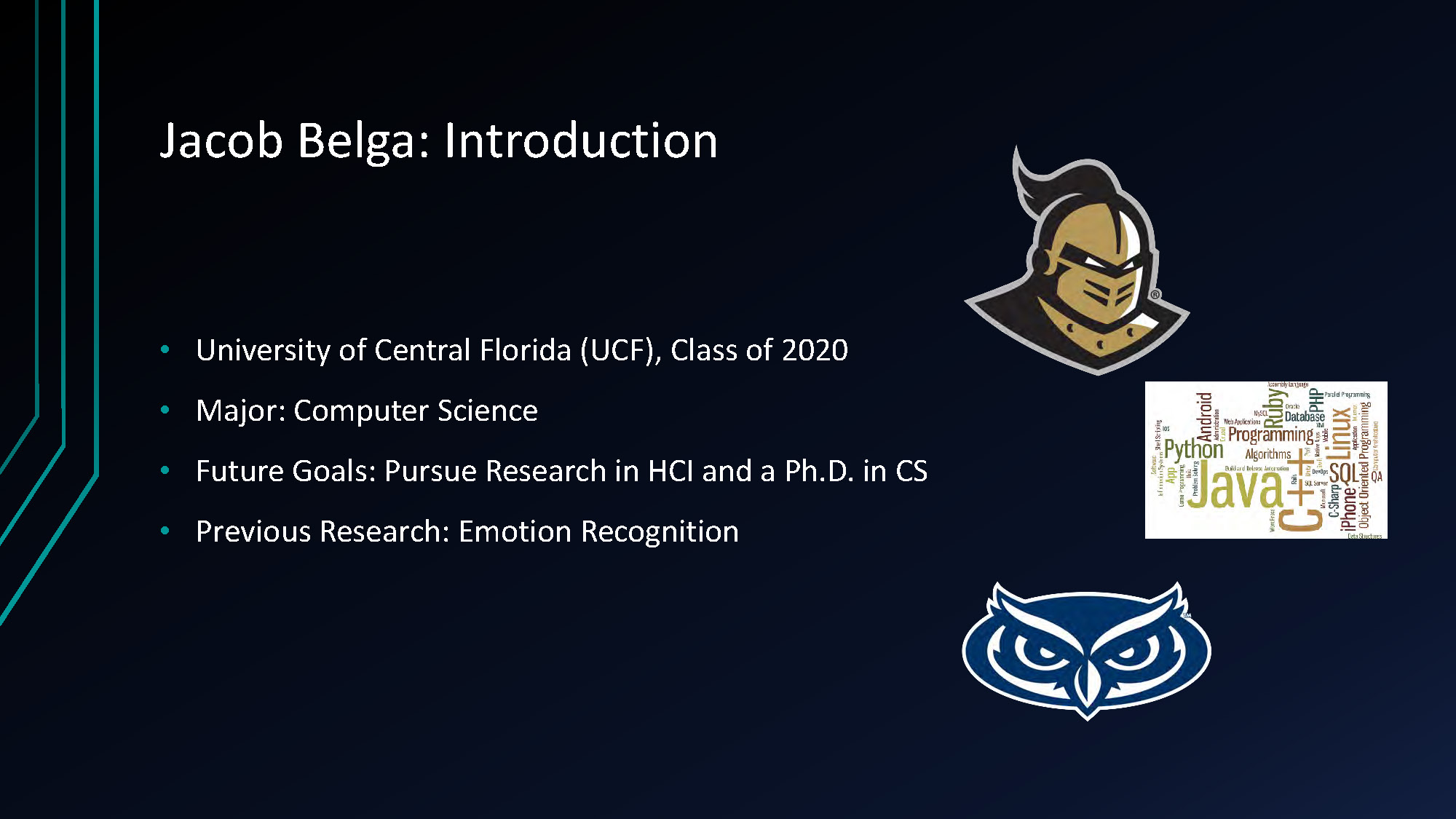 Slide 2: Jacob Belga introduction slide with details on UCF background and research goals.