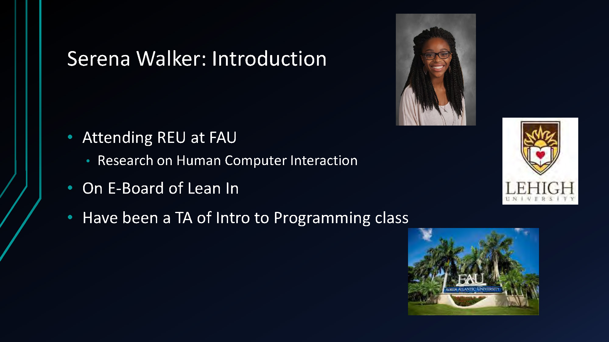 Slide 4: Serena Walker introduction with research in HCI and teaching roles.