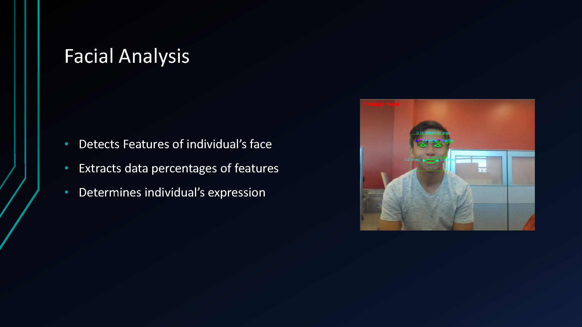Slide 9: Methods used including facial analysis, sentiment analysis, PCM and FFT.