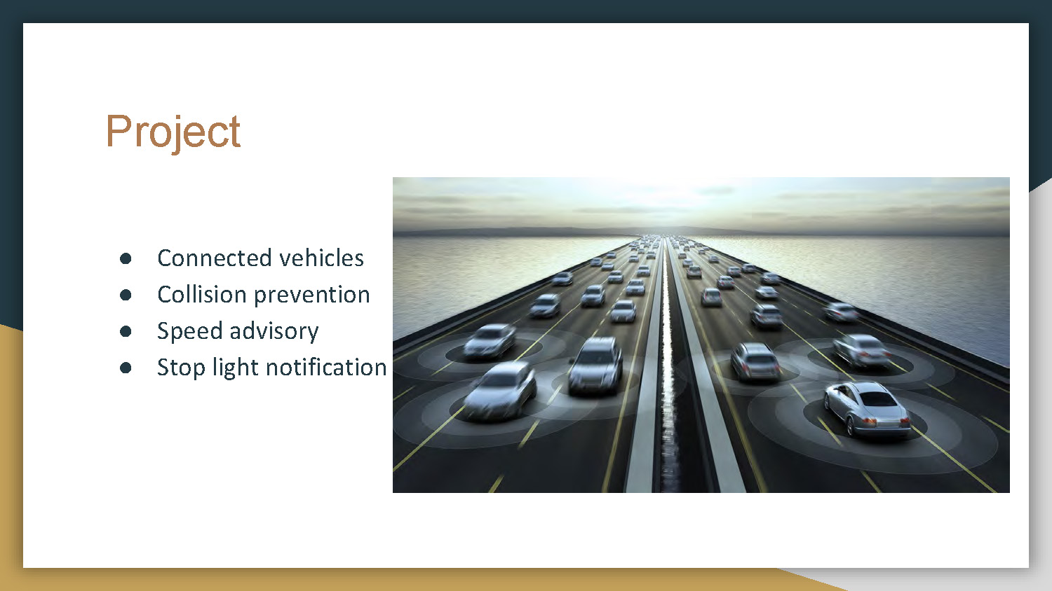 Slide 2: Project overview showing connected vehicle technologies and applications