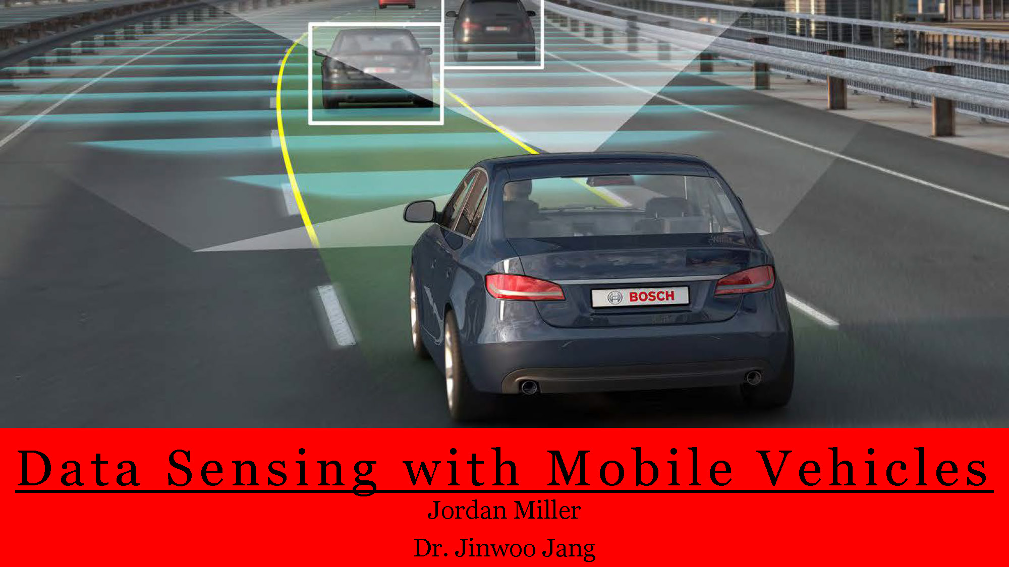 Slide 1: Title slide for Data Sensing with Mobile Vehicles presentation by Jordan Miller and Dr. Jinwoo Jang