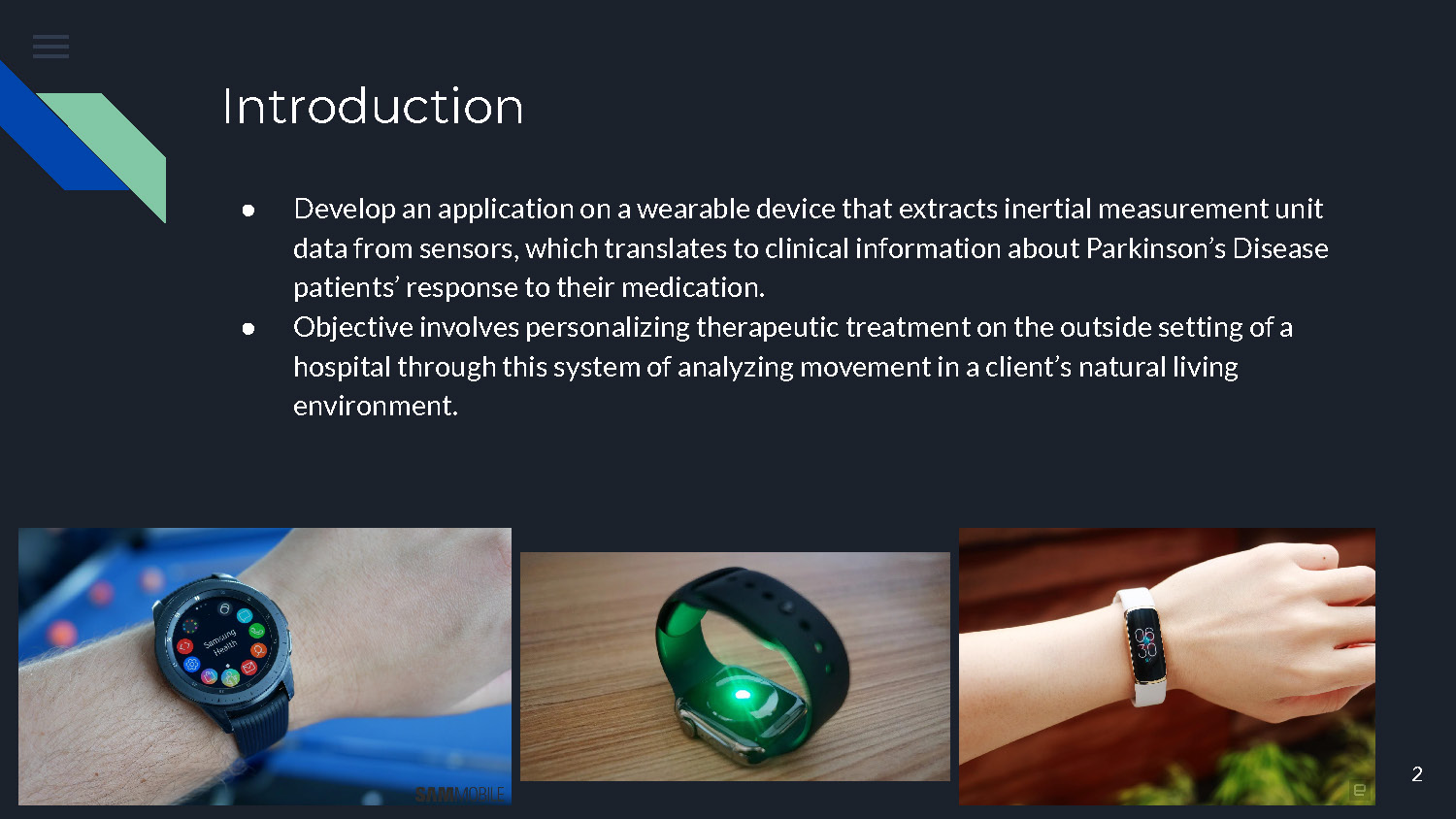 Slide 2: Introduction explaining the development of wearable applications for Parkinson's Disease patients