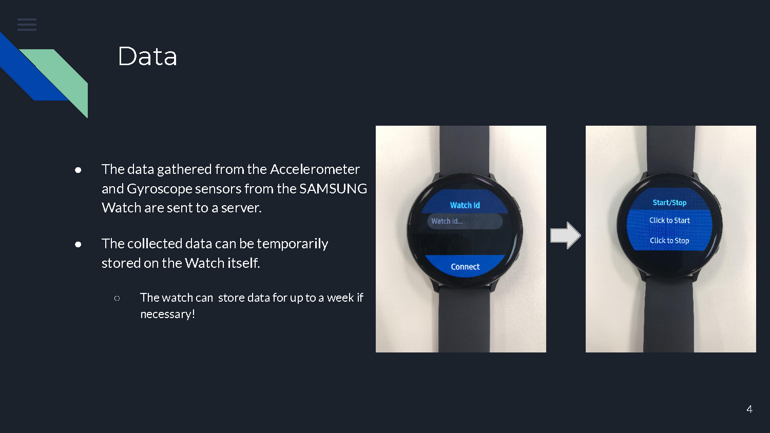 Slide 4: Data collection process from accelerometer and gyroscope sensors with server transmission capabilities