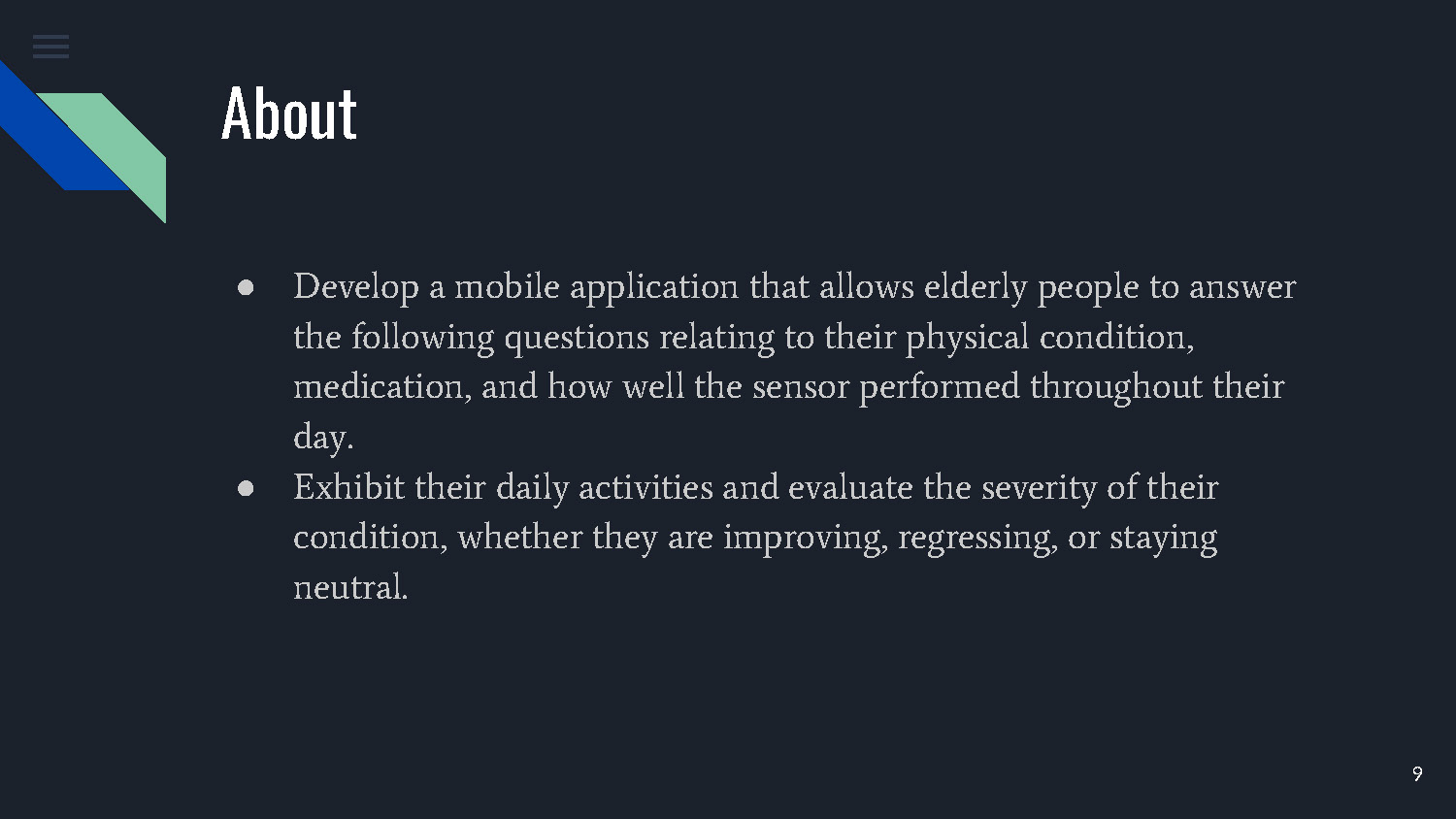 Slide 9: About section describing mobile app functionality for elderly Parkinson's patients to track daily activities and conditions