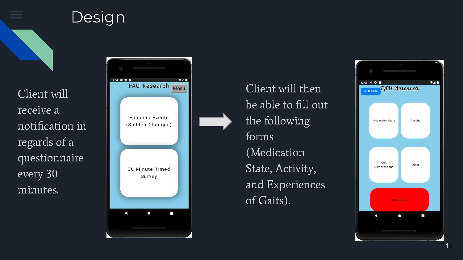 Slide 11: App design featuring 30-minute notification intervals for questionnaire completion including medication state, activity, and gait experiences