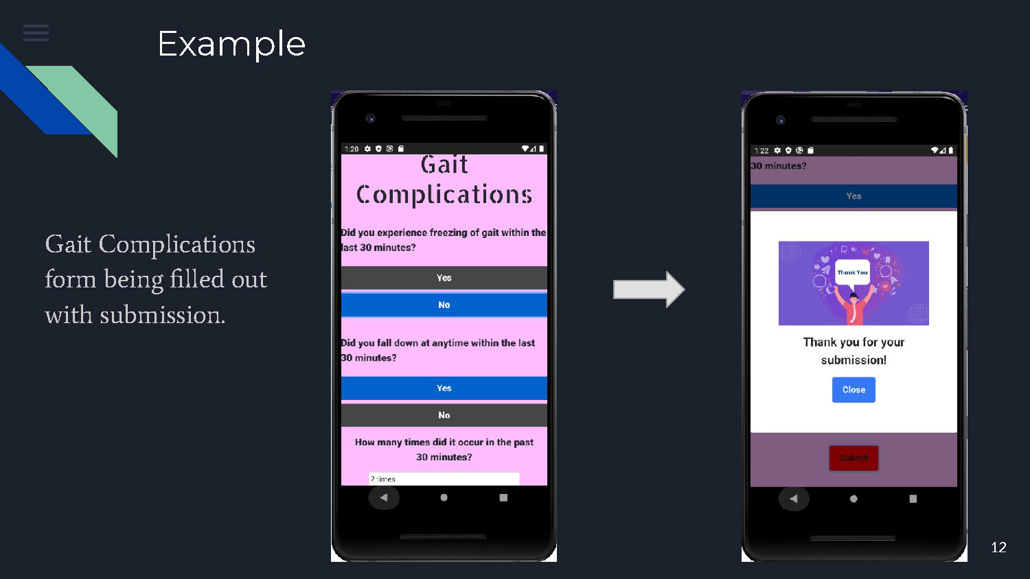 Slide 12: Example screenshot showing gait complications form being filled out and submitted
