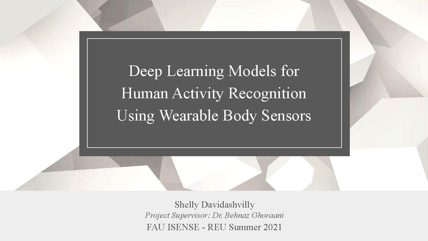 Slide 1: Title slide for Deep Learning Models for Human Activity Recognition Using Wearable Body Sensors by Shelly Davidashvilly