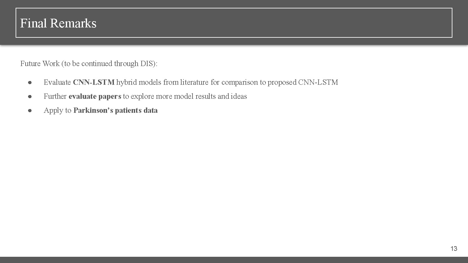 Slide 13: Final remarks section with future work plans for DIS continuation