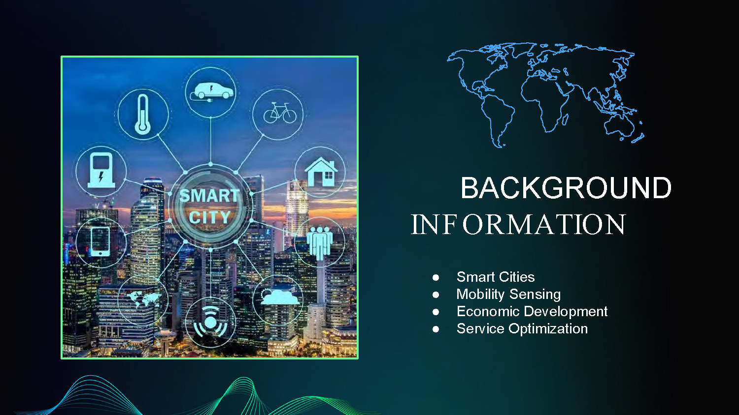 Slide 2: Background information covering smart cities, mobility sensing, economic development, and service optimization